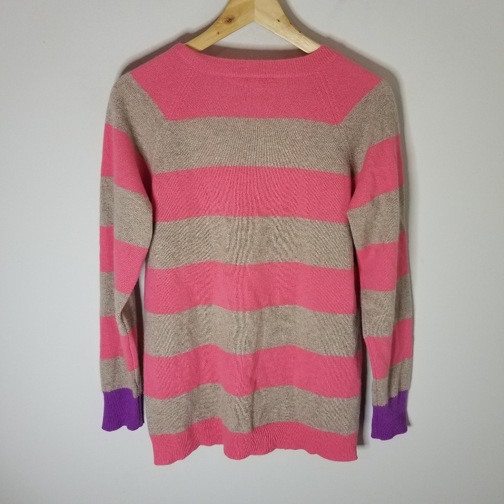 Garnet Hill Cashmere Sweater V Neck Sweater Pink Stripe Contrasting Cuffs XS - Picture 2 of 6